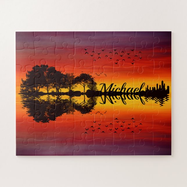 Puzzle Moderna Naranja Sunset Guitarist Name Watercolor (Horizontal)