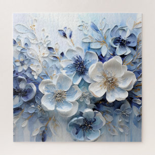 Puzzle Moderno Botánico Floral Azul Blanco Elegante