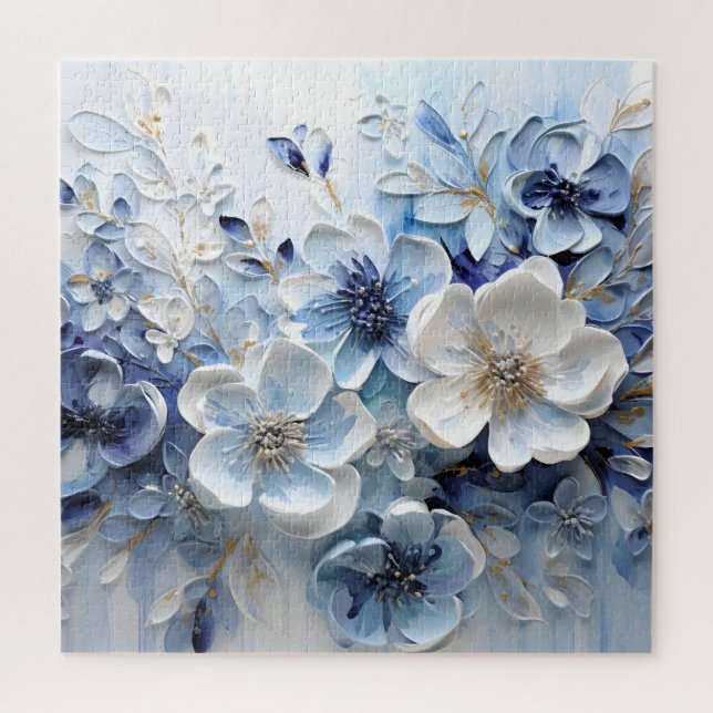 Puzzle Moderno Botánico Floral Azul Blanco Elegante (Vertical)