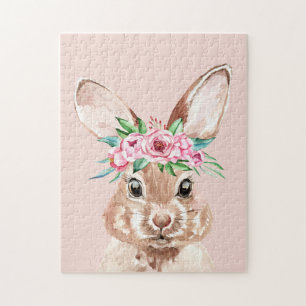 Puzzle Moderno Bunny De Color Rosa Pastel Con Flores