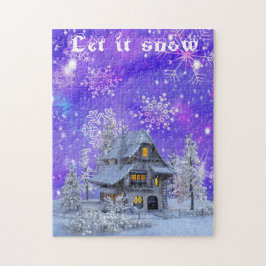 Puzzle Moderno invierno vintage Snowflakes House Blue