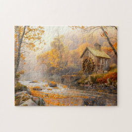 Puzzle Molino de agua antiguo por corriente en otoño