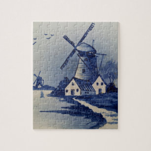Puzzle Molino de viento azul vintage Delft