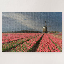 Puzzle Molino de viento con los tulipanes rosados en