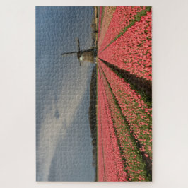 Puzzle Molino de viento con los tulipanes rosados en