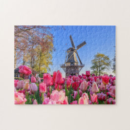 Puzzle Molino de viento holandés y tulipanes