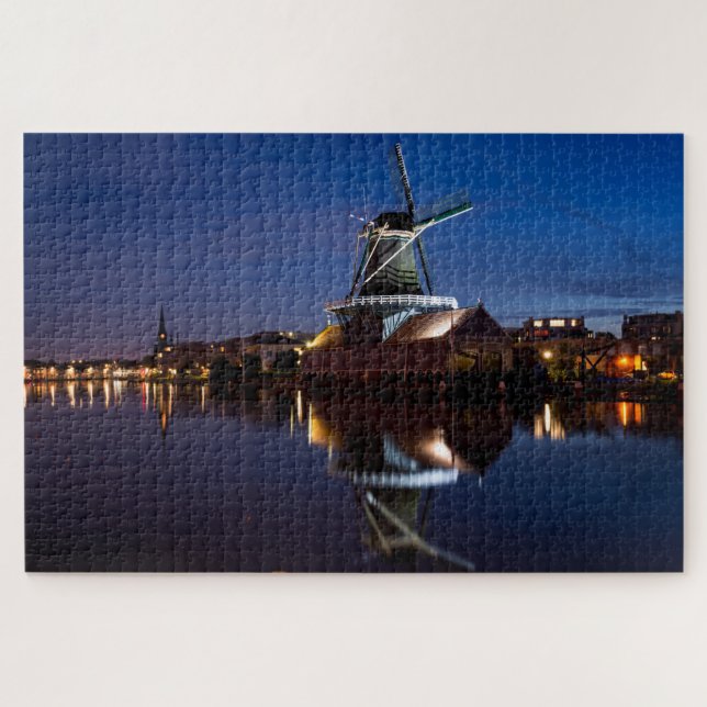 Puzzle Molino de viento Leidschendam con reflexión noctur (Horizontal)