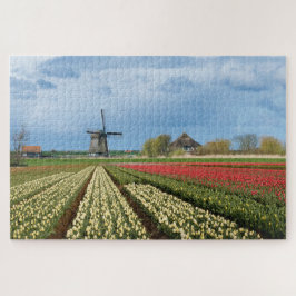 Puzzle Molino de viento y tulipanes en Holanda
