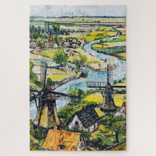 Puzzle Molinos de viento y iglesia junto al río Pintura d