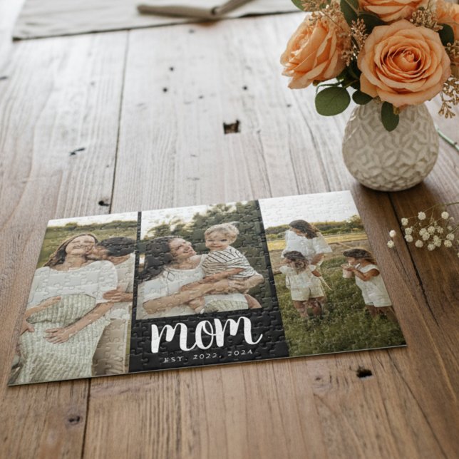 Puzzle Mom Established Script Black 3 Photo (modern 3 photo black and white script mom established puzzle gift for mom on Mother's Day Christmas)