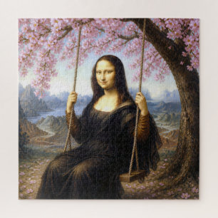 Puzzle Mona Lisa en un columpio bajo flores de cerezo