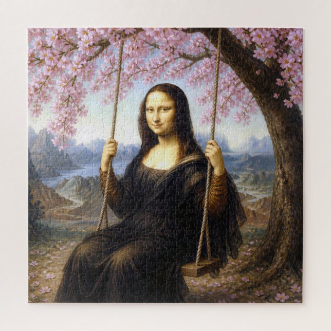 Puzzle Mona Lisa en un columpio bajo flores de cerezo (Vertical)