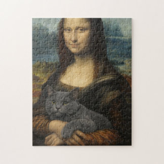 Puzzle Mona Lisa sosteniendo un gato gris elegante