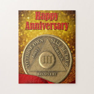 Puzzle Moneda de 3 años sobrio con brillo Feliz Aniversar