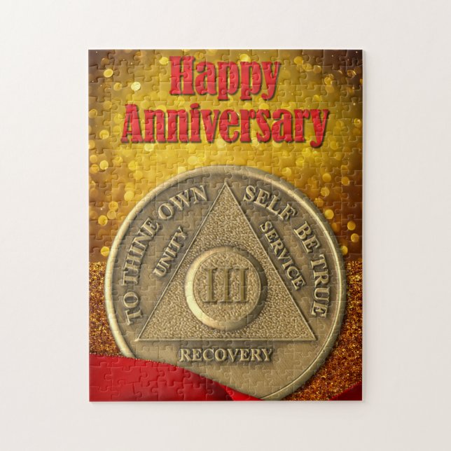 Puzzle Moneda de 3 años sobrio con brillo Feliz Aniversar (Vertical)