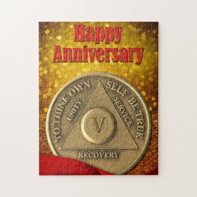 Puzzle Moneda de 5 años sobrio con brillo Feliz Aniversar (Vertical)