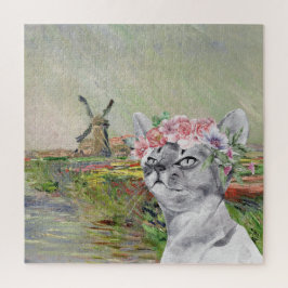 Puzzle Monet Champ Tulipes and Fancy Cat