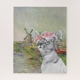 Puzzle Monet Champ Tulipes and Fancy Cat