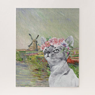 Puzzle Monet Champ Tulipes and Fancy Cat