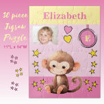 Puzzle Mono lindo foto nombre niños de color rosa amarill<br><div class="desc">Rompecabezas de 30 piezas para los niños. Con un mono lindo,  con estrellas y corazones de amor. Añadir un nombre,  inicial y una foto. Esquema de colores: idea de regalo para niños rosa y amarillo.</div>