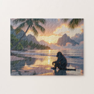 Puzzle Mono mirando la puesta de sol en la playa