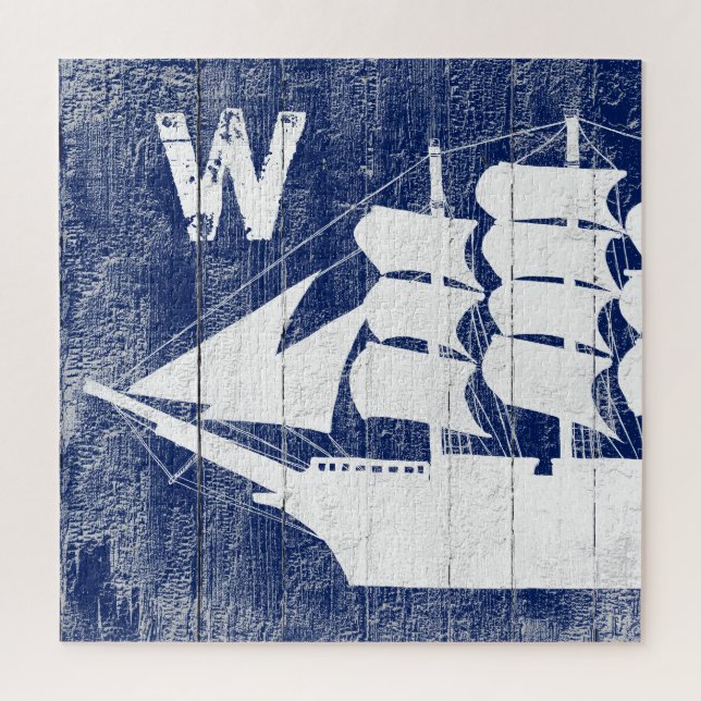 Puzzle Monograma blanco de madera de Blue Beach (Vertical)