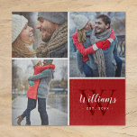 Puzzle Monograma Collage de fotos y Personalizado | Rojo<br><div class="desc">Crea un regalo especial personalizado usando fotos de tu boda, viajes, nietos, mascotas u otros recuerdos divertidos impresos en un rompecabezas. Este diseño presenta una plantilla de collage de fotos con 3 fotos y su nombre de monograma, fecha inicial y establecida. Utilice las herramientas de diseño para editar el texto,...</div>