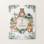 Puzzle Monograma de animales de bosque de bosques persona<br><div class="desc">Este adorable diseño cuenta con un grupo de bonitos animales del bosque y una vegetación botánica de acuarela rústica. Personalízalo con el nombre de su hijo haciendo clic en el botón "Personalizar".</div>