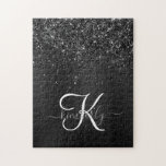 Puzzle Monograma de espuma de Purpurina negro personaliza<br><div class="desc">Personalice fácilmente este elegante diseño de rompecabezas de moda con un purpurina brillante negro de bonito sobre un fondo metálico negro cepillado.</div>