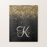 Puzzle Monograma de espuma negra Purpurina de oro persona<br><div class="desc">Personalice fácilmente este elegante diseño de rompecabezas de moda con un purpurina brillante en oro de bonito sobre un fondo metálico negro cepillado.</div>