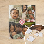 Puzzle Monograma de familia de Collage de fotos personali<br><div class="desc">Un regalo especial personalizado con 4 fotos de su personalizado y un primer monograma. Utilice las herramientas de diseño para agregar texto adicional en cualquier tipo de letra y color que desee. Subir más fotos, editar el color de fondo o elegir una opción de tamaño diferente para personalizar posterior del...</div>