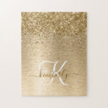 Puzzle Monograma de impresión Metalizado con pincel de or<br><div class="desc">Personaliza fácilmente este diseño de rompecabezas de moda de moda con un purpurina brillante de bonito dorado sobre un fondo metálico cepillado de oro.</div>