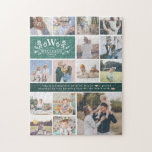 Puzzle Monograma de nombre de familia | 15 Collages de fo<br><div class="desc">Personalizar este singular rompecabezas con 15 fotos cuadradas dispuestas en un diseño de collage de rejilla, con monograma inicial, nombre familiar y encantadora cita. Mantenga la cita tal como está o cambie la leyenda de su personalizado. Se pueden cambiar todos los colores, incluyendo el banner de "verde" que muestra el...</div>
