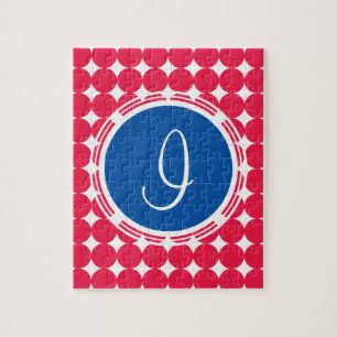 Puzzle Monograma de puntos de polka azul y rojo