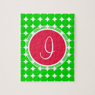 Puzzle Monograma de puntos de polka rojo y verde