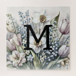 Puzzle Monograma dibujo floral tullitos rosados daffodios