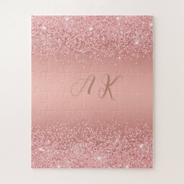 Puzzle Monograma Elegante Luxe Dorado Rosa con Brillo (Vertical)