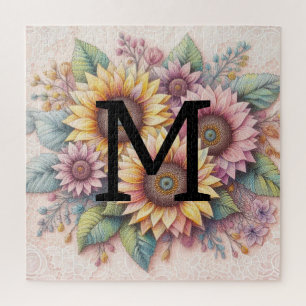 Puzzle Monograma encaje floral rosado naranja amarillo gi