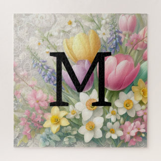 Puzzle Monograma encaje floral tulipanes rosa pastel