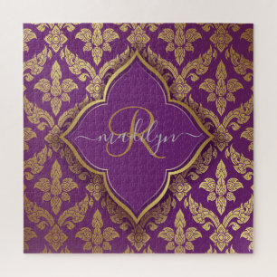 Puzzle Monograma Fleur de Patrón de Damasco de Oro Púrpur