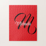 Puzzle Monograma moderno minimalista nombre inicial rojo<br><div class="desc">Monograma moderno minimalista nombre inicial blanco negro. Nombre personalizado personalizable con una inicial cursiva detrás en un color rojo.</div>