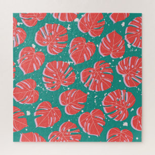 Puzzle Monstruo rojo: patrón tropical verde