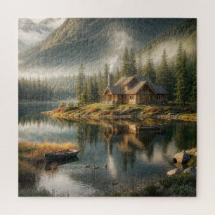 Puzzle Montaña Lake Cabin con bote de remos