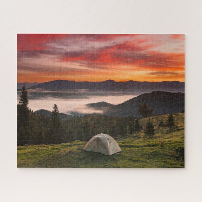 Puzzle Montañas | Amanecer de niebla de acampada (Horizontal)