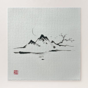 Puzzle "Montañas bajo la luz de la luna: Paisaje Sumi-e"