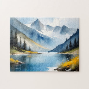Puzzle Montañas cubiertas de nieve y un lago