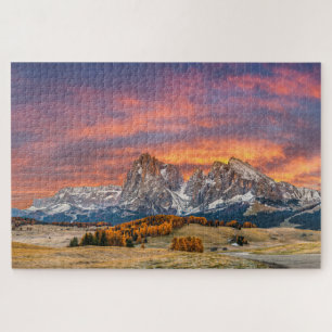 Puzzle Montañas Dolomitas nevadas se caen al atardecer It