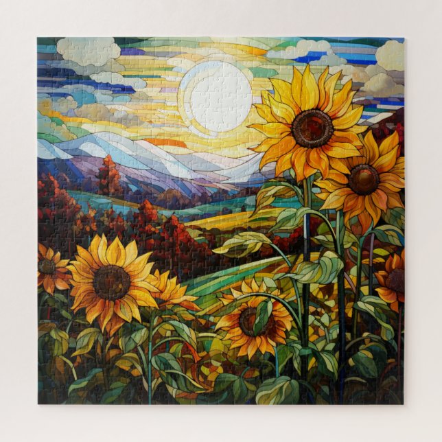 Puzzle Montañas Sunflower Field Sunset de vidrio templado (Vertical)