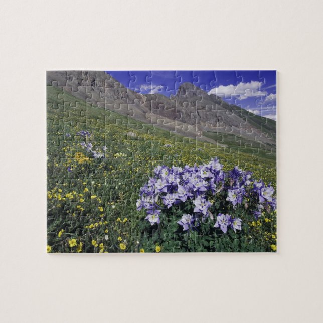 Puzzle Montañas y flores silvestres en prado alpino, Azul (Horizontal)