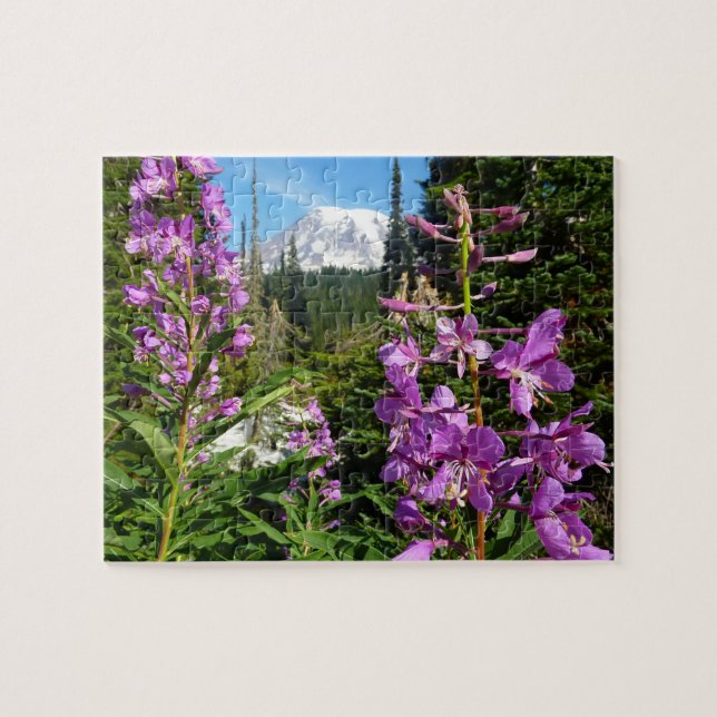 Puzzle Monte Rainier Entre Flores de Flox Púrpura (Horizontal)